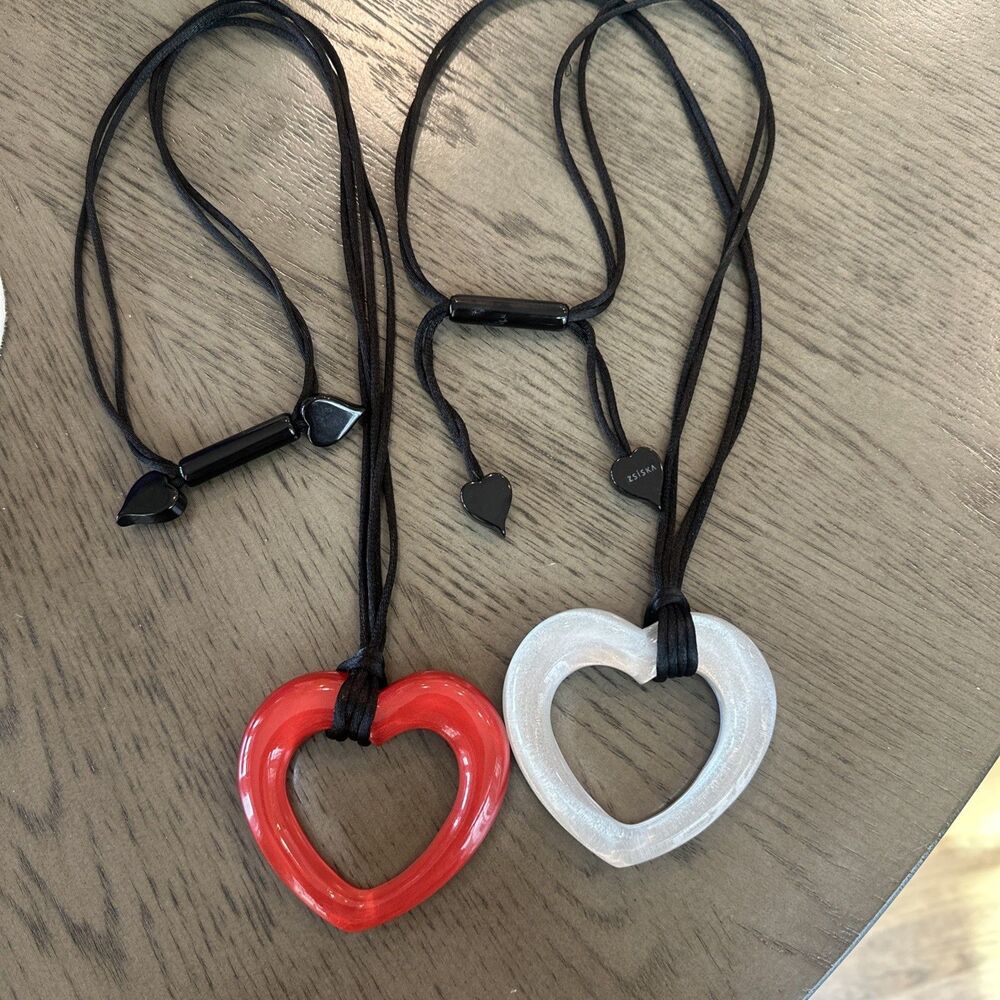 Pair of Zsiska Resin Heart Necklaces Red/White/Black on Cords
